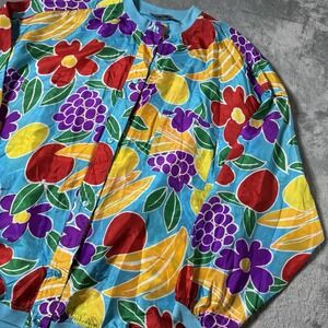 VTG 90s Adam Douglass 100% Silk Bomber Jacket Tropical Fruits Womens S Oversized